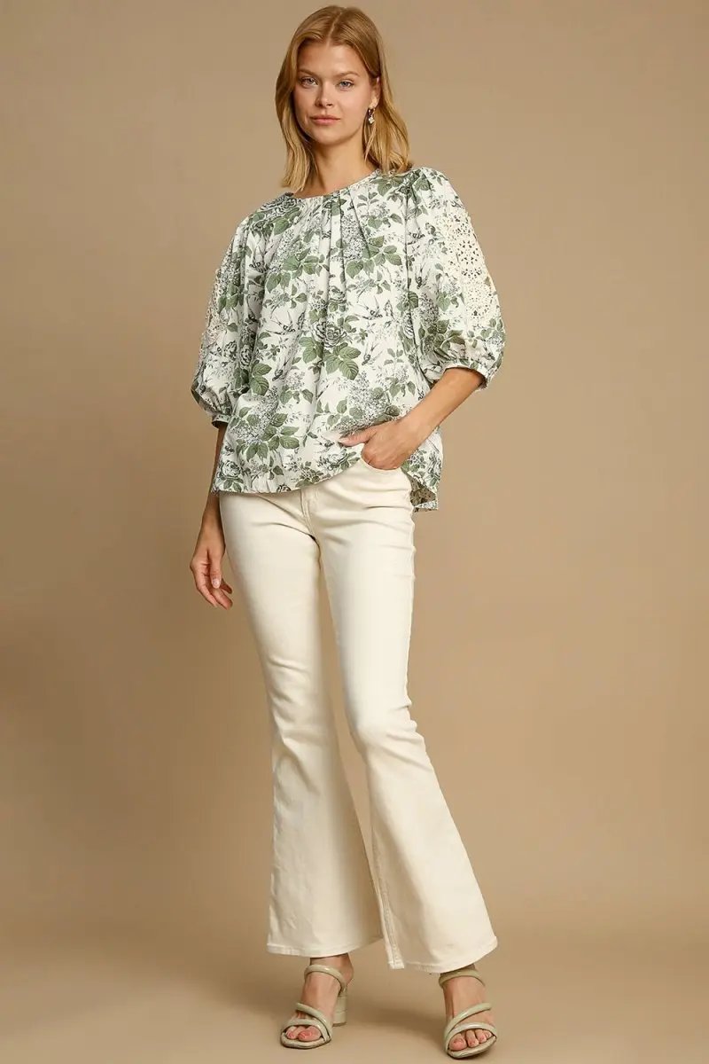 Umgee Floral Pleated Detail Lace Trim Sleeve Blouse for Women - Love Salve